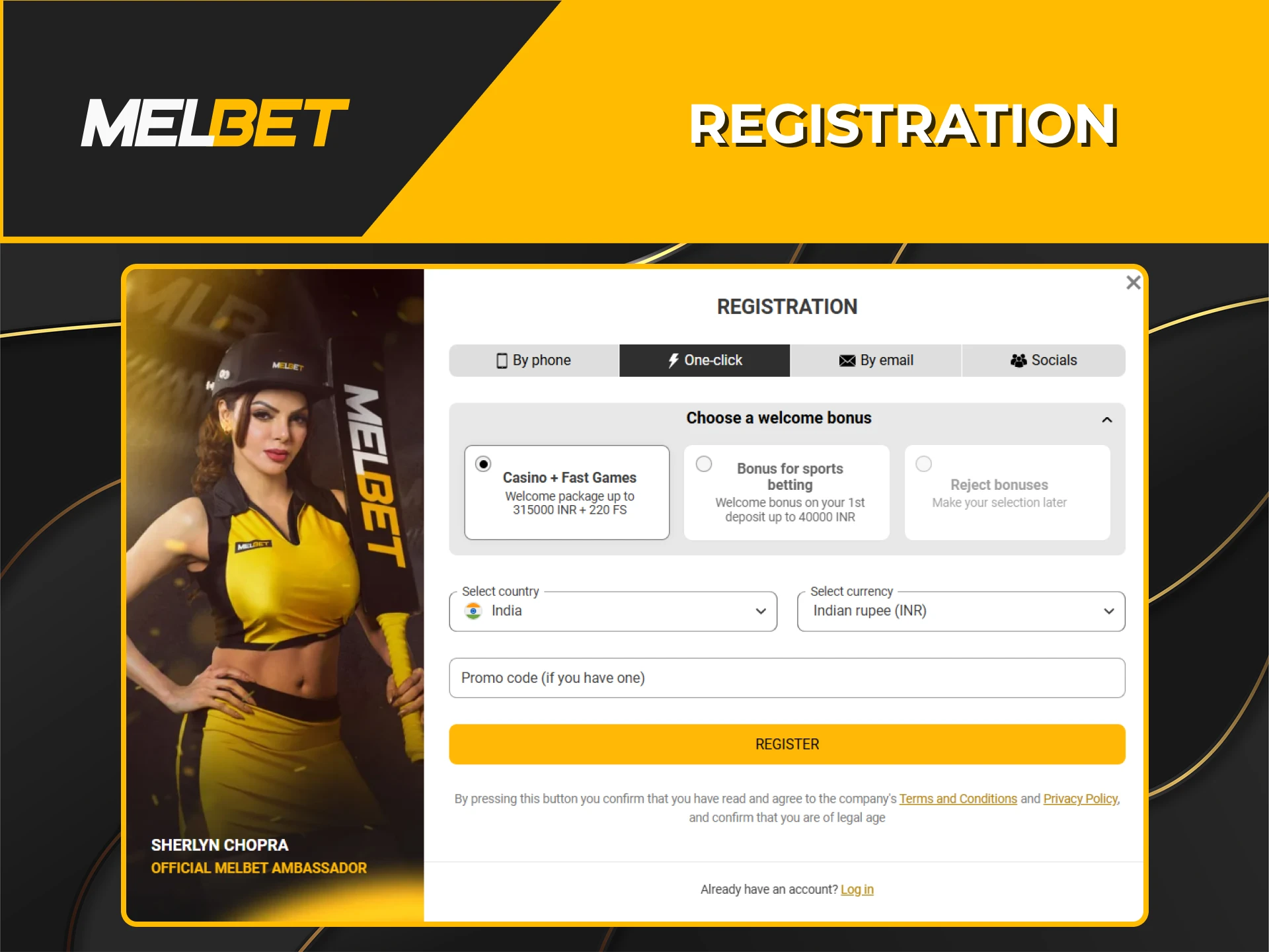 Select a registration method and create a Melbet account.