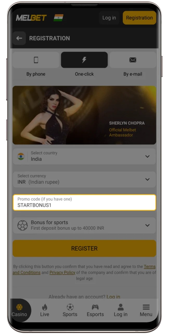 Enter the promo code in the Melbet registration form.